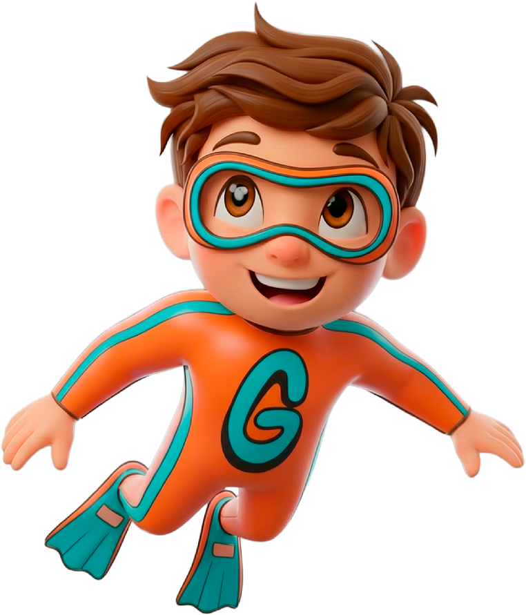 Menino mergulhando no centro da cena